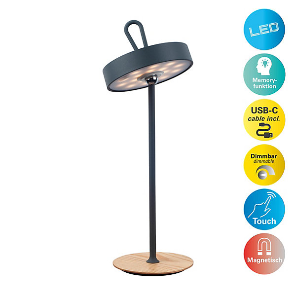 Lampe de table LED à accu magnétique pour l'extérieur et l'intérieur, en métal et plastique gris, hauteur 36 cm