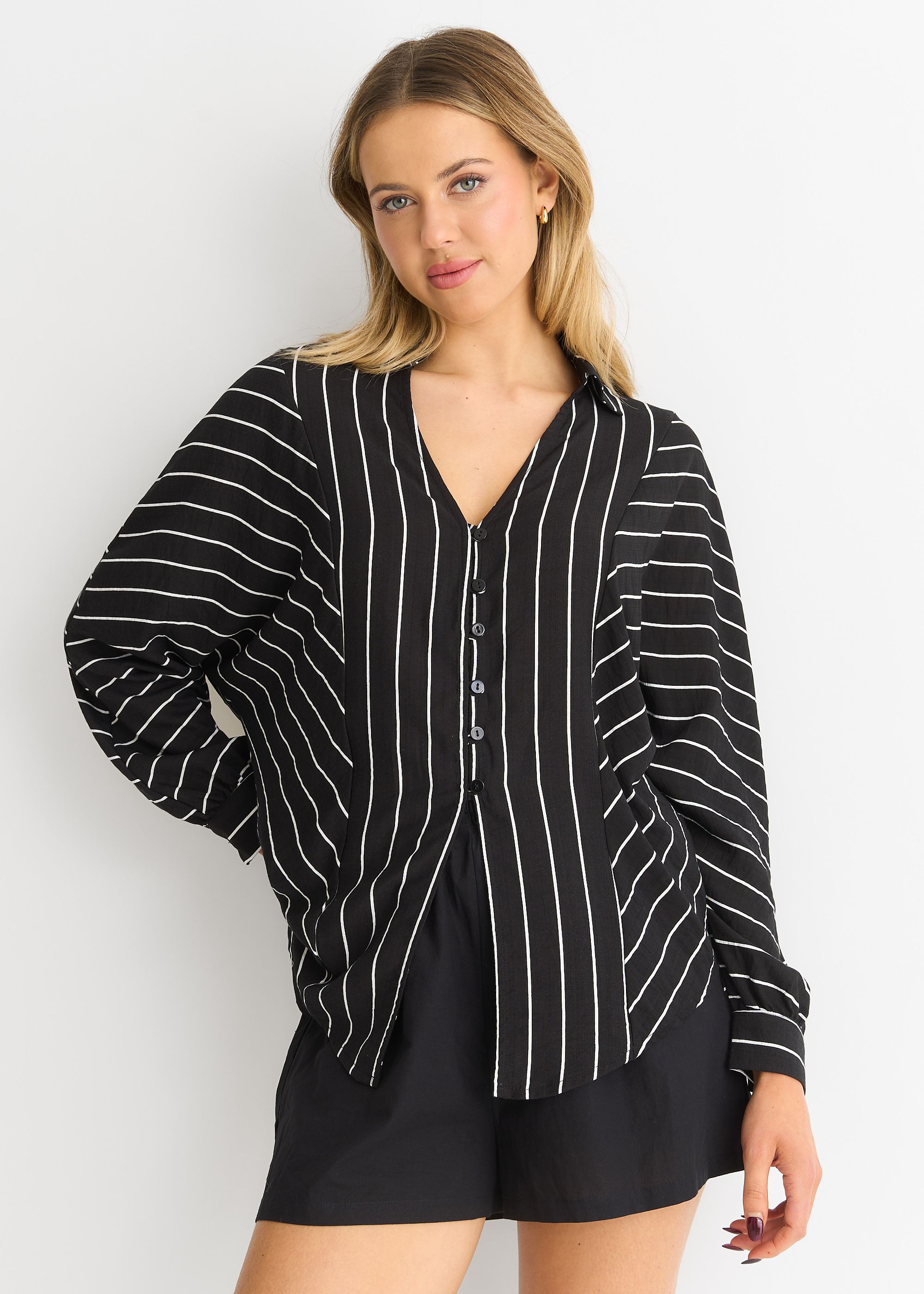 Gini London Black Long Sleeve Batwing Stripe Shirt