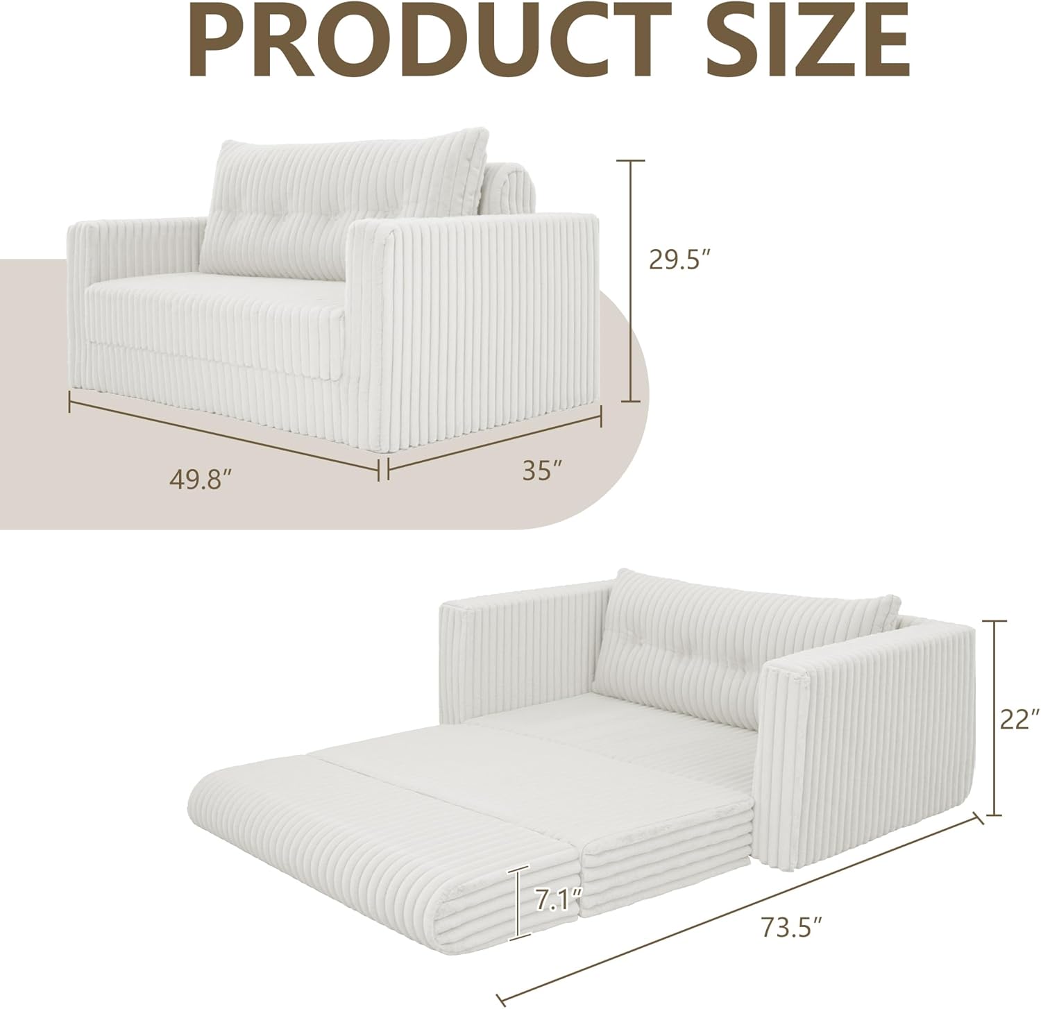 HABUTWAY Folding Sofa Bed, 2 in 1 Convertible Sleeper Chair with Pillow, Portable Fold Out Chair Bed with Armrest, Comfy Floor Couch, Lazy Sofa for Living Room Bedroom Dorm Home Office, Beige