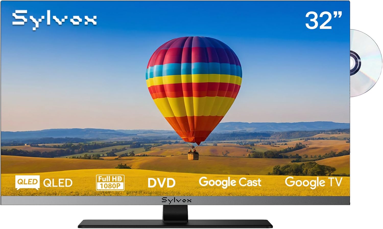 SYLVOX 32 12V/24V Smart RV TV with Google TV & Built-in DVD Player, Frameless 1080P Full HD QLED Display, Shock-Resistant, Wide Voltage Support (9–32V), Voice Control Remote (Limo QLED Series)