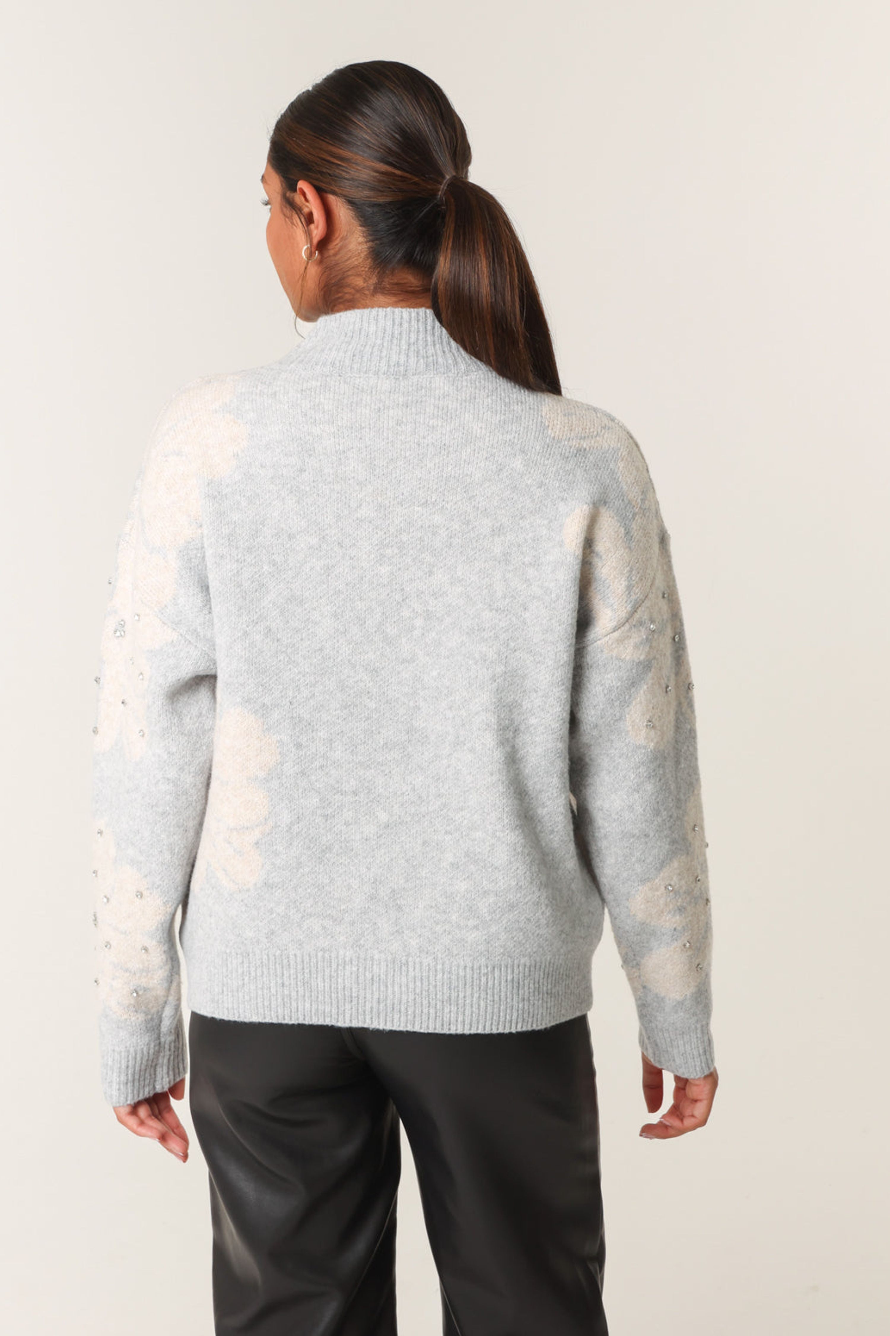 Blue Vanilla Grey Flower Diamante Detailed Knitted Jumper