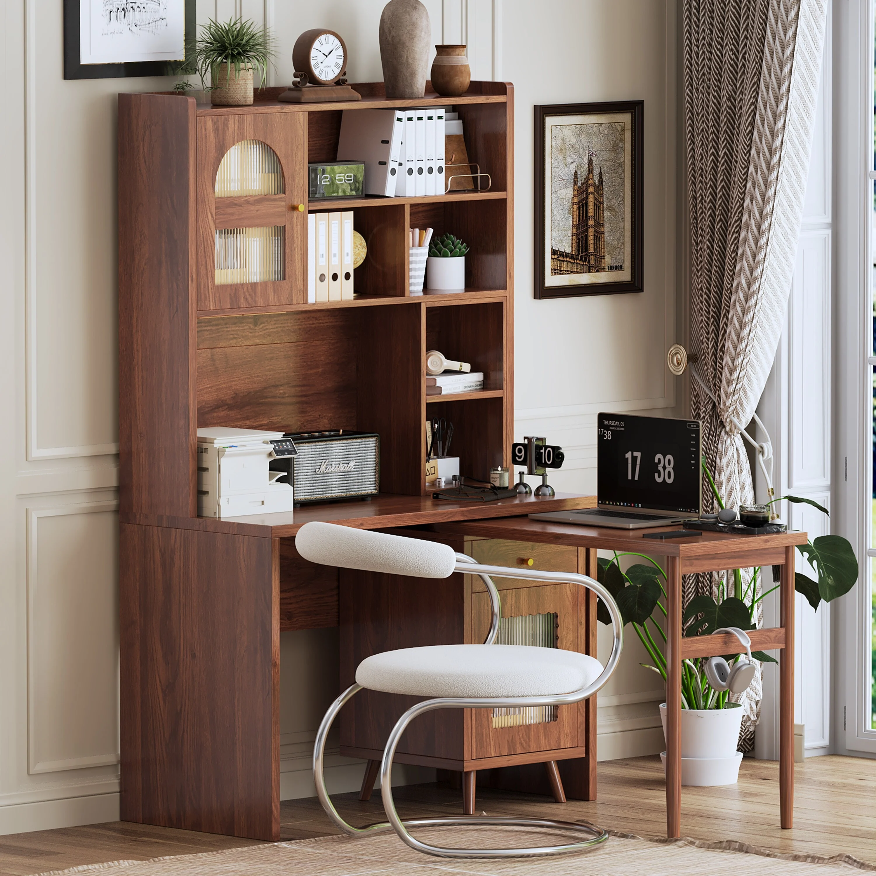 90° Rotating Office Desk with Storage Drawer, Cabinets & Open Shelves, Computer Desk with Extendable Table & Glass Doors