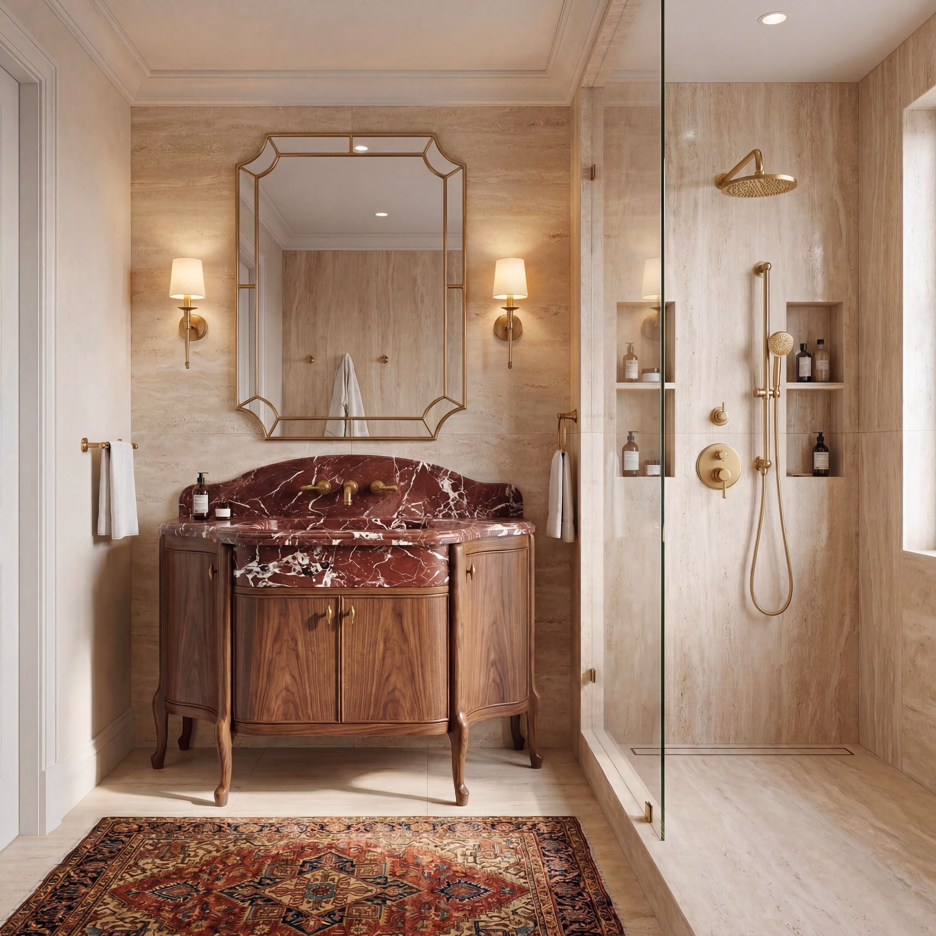 Luxury Rosso Levanto Marble Sink Bathroom Vanity with Solid Walnut Cabinet | Handmade Custom Stone Sink | Modern Luxury Home Decor