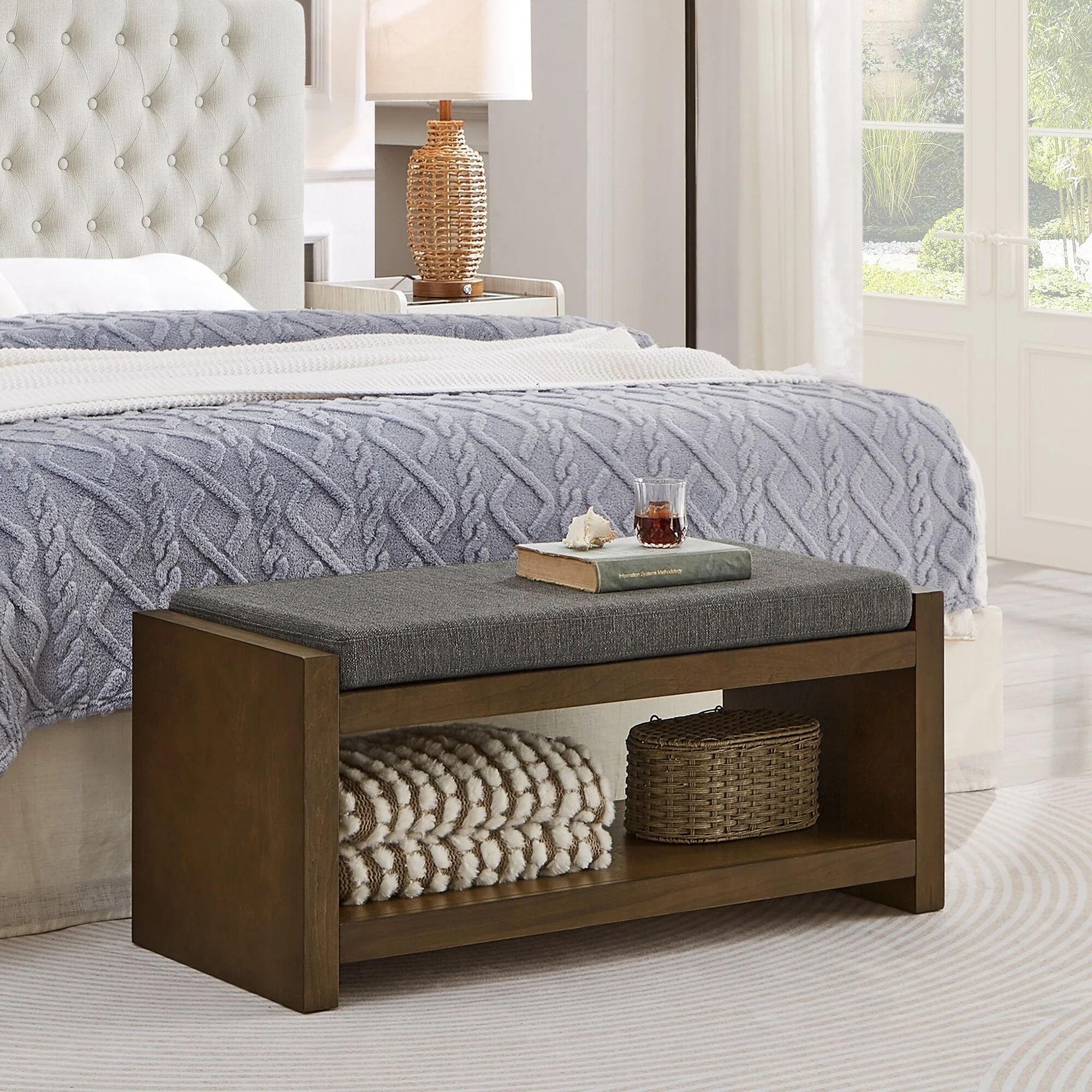 Accent Bench with Lower Shelf Shoe Rack, Padded Seating Bench, Modern Compact Bed End Bench with Storage