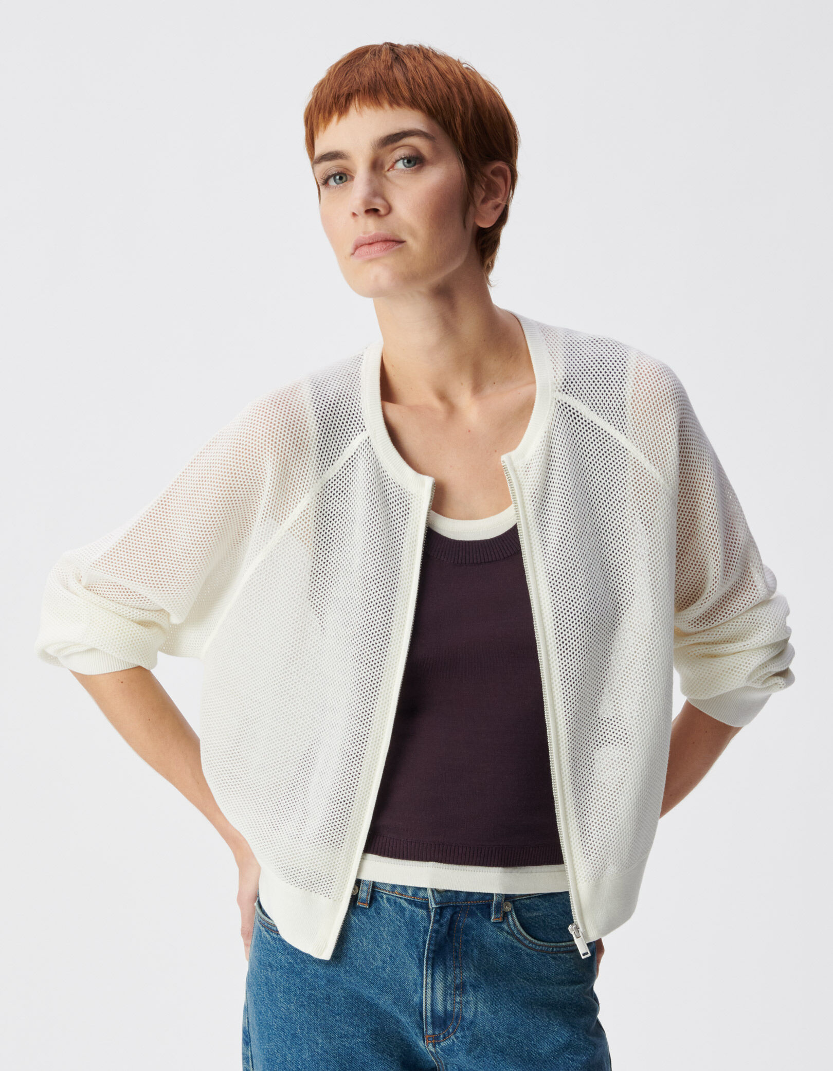 Cardigan zippé blanc tricot ajouré Femme