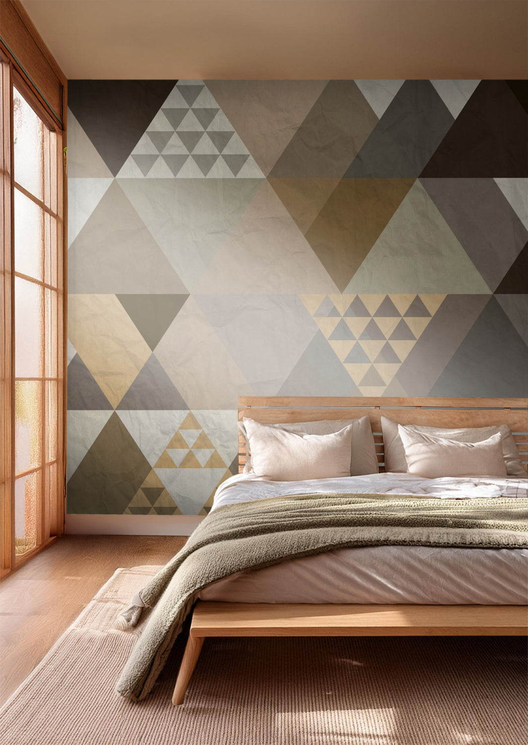 Sanders & Sanders fotobehang grafische driehoeken beige, bruin en groen - 375 x 270 cm - 600407