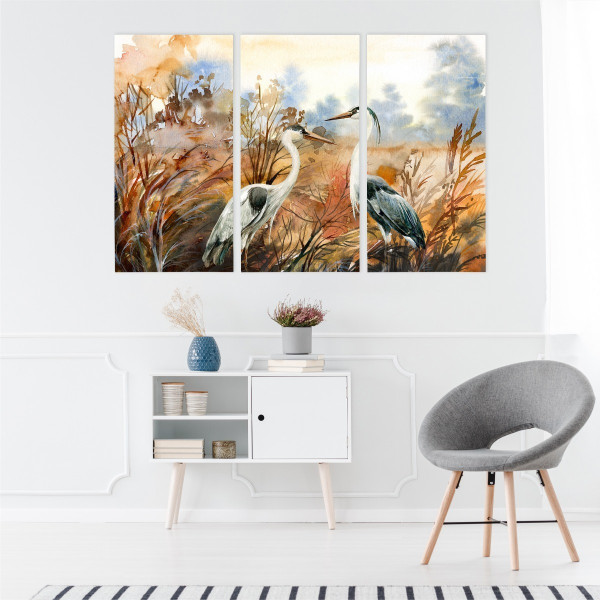 Obraz Tryptyk ŻURAW i Czapla Malowane Akwarelą 60x40cm
