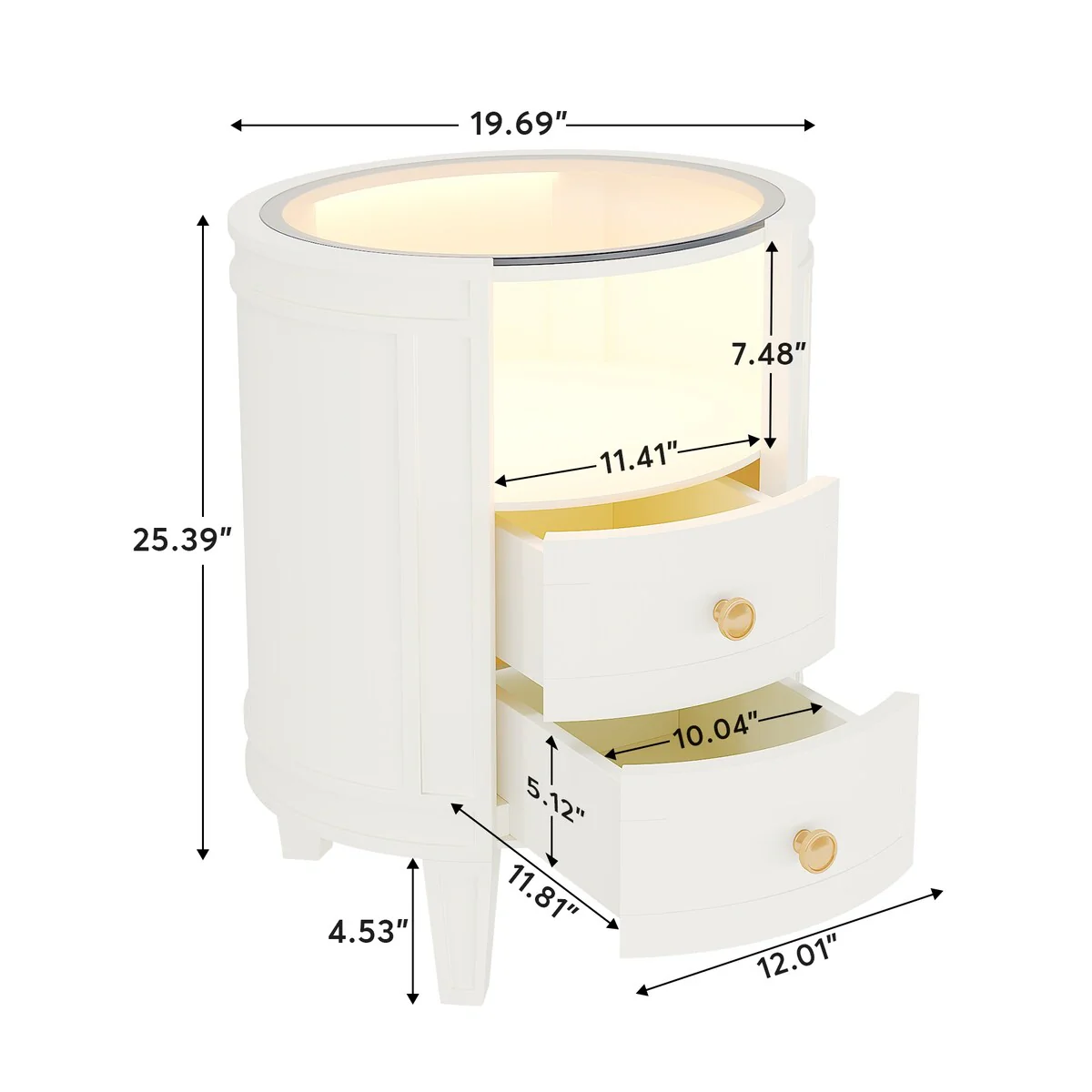 Round LED Bedside Table Nightstand with 2 Drawers and Open Shelf for Bedroom