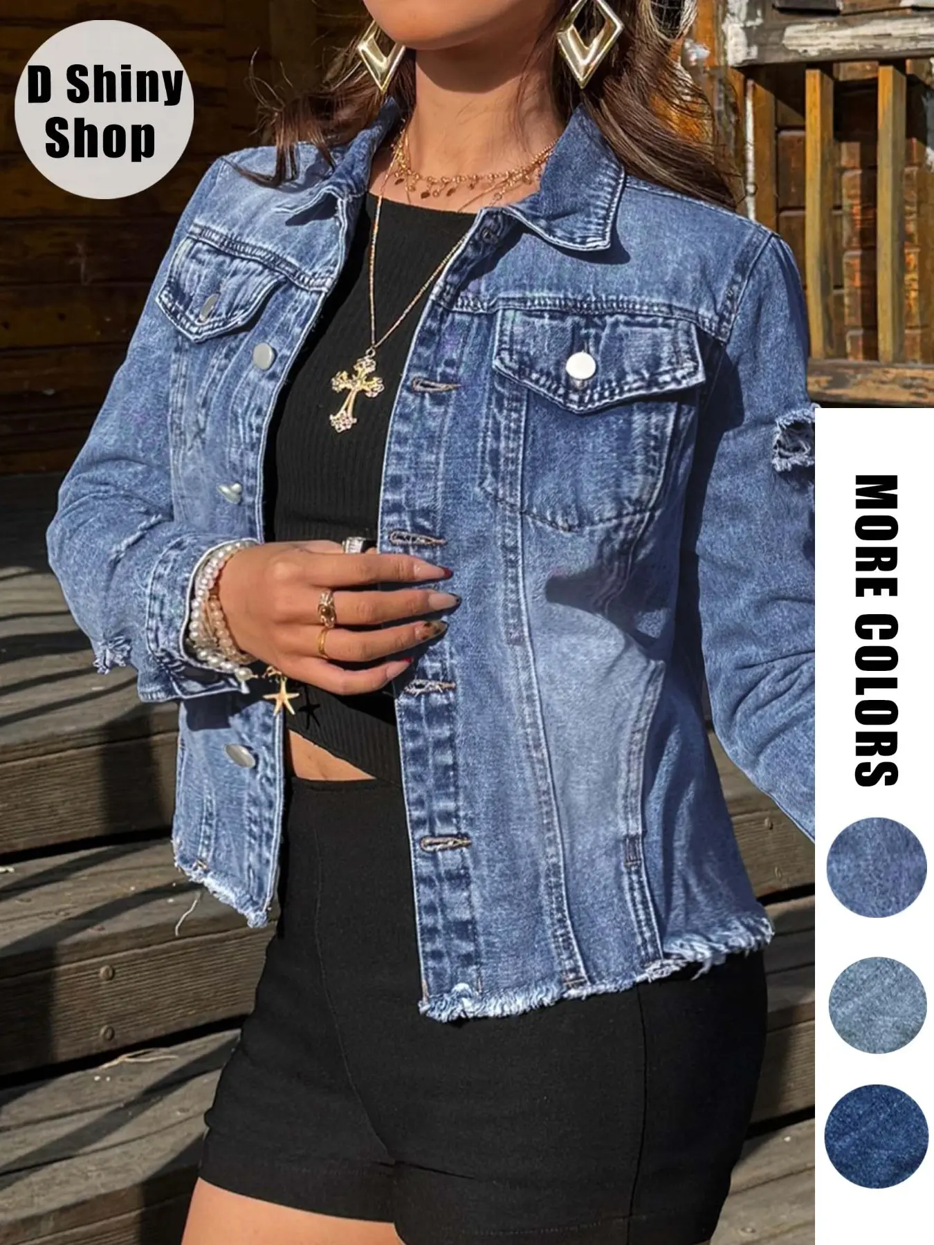 【Plus Size】 Solid Ripped Button Front Collared Denim Jacket, Casual Long Sleeve Pocket Outerwear for Summer, Women's Clothes for Daily Wear