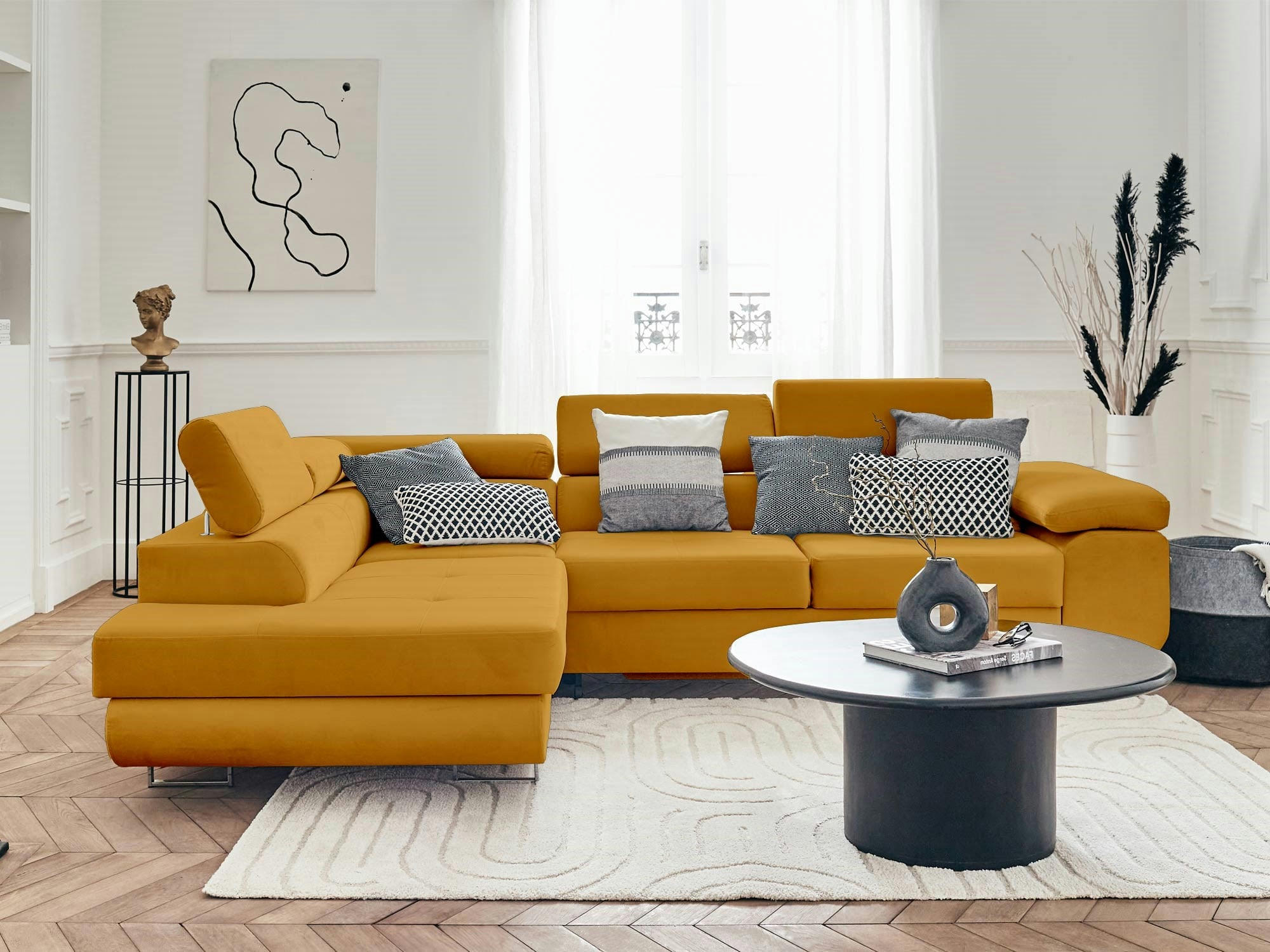 PABLO - Canapé d'angle gauche convertible 5 places en velours jaune