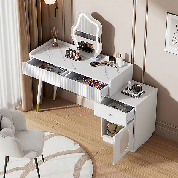 Coiffeuse avec Miroir LED - Table de Maquillage Moderne avec 3 Tiroirs et 1 Porte - Panneau de Particules - Blanc - 100x40x124 cm