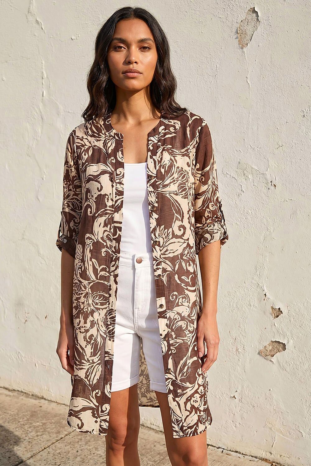 Roman Leaf Print Longline Button Blouse