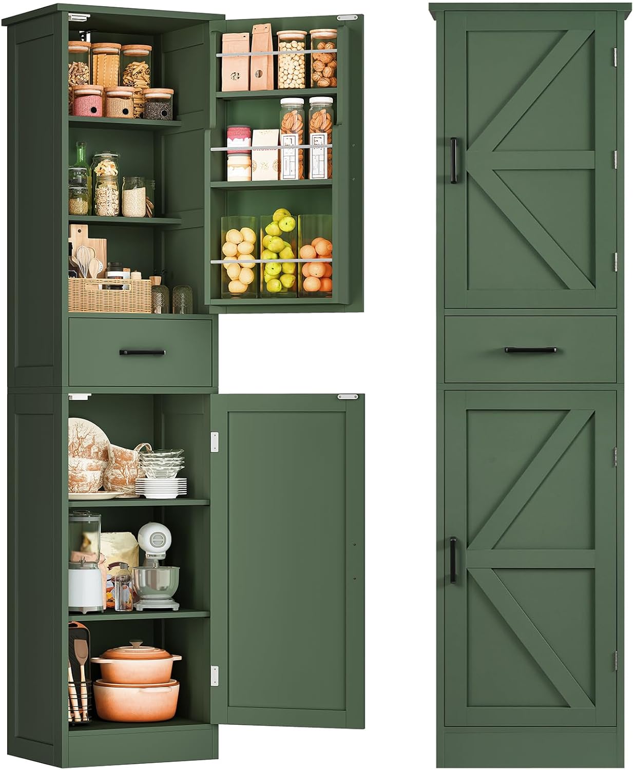 TEENFON Kitchen Pantry Cabinet with 3 Door Shelves & 1 Drawer, Narrow Bathroom Cabinet with Adjustable Shelves, Tall Storage Cabinet for Living Room, Bathroom, Entryway, Green