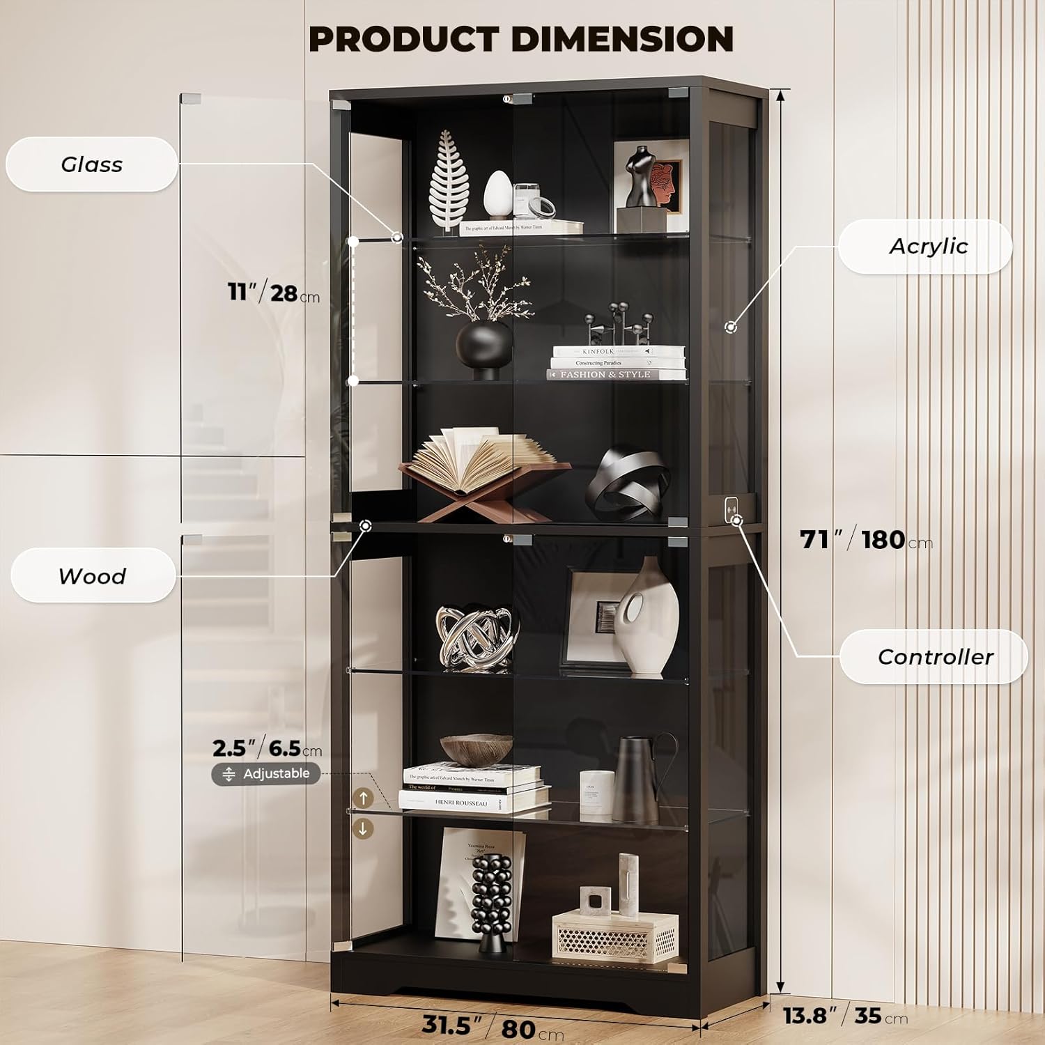 BROTTAR Display Cabinet with Glass Door, 6-Tier 71 Curio Cabinet with 3 Color Lights for Collectibles, Display Case with Adjustable Glass Shelves, Human Body Sensor, Storage Cabinets, Black