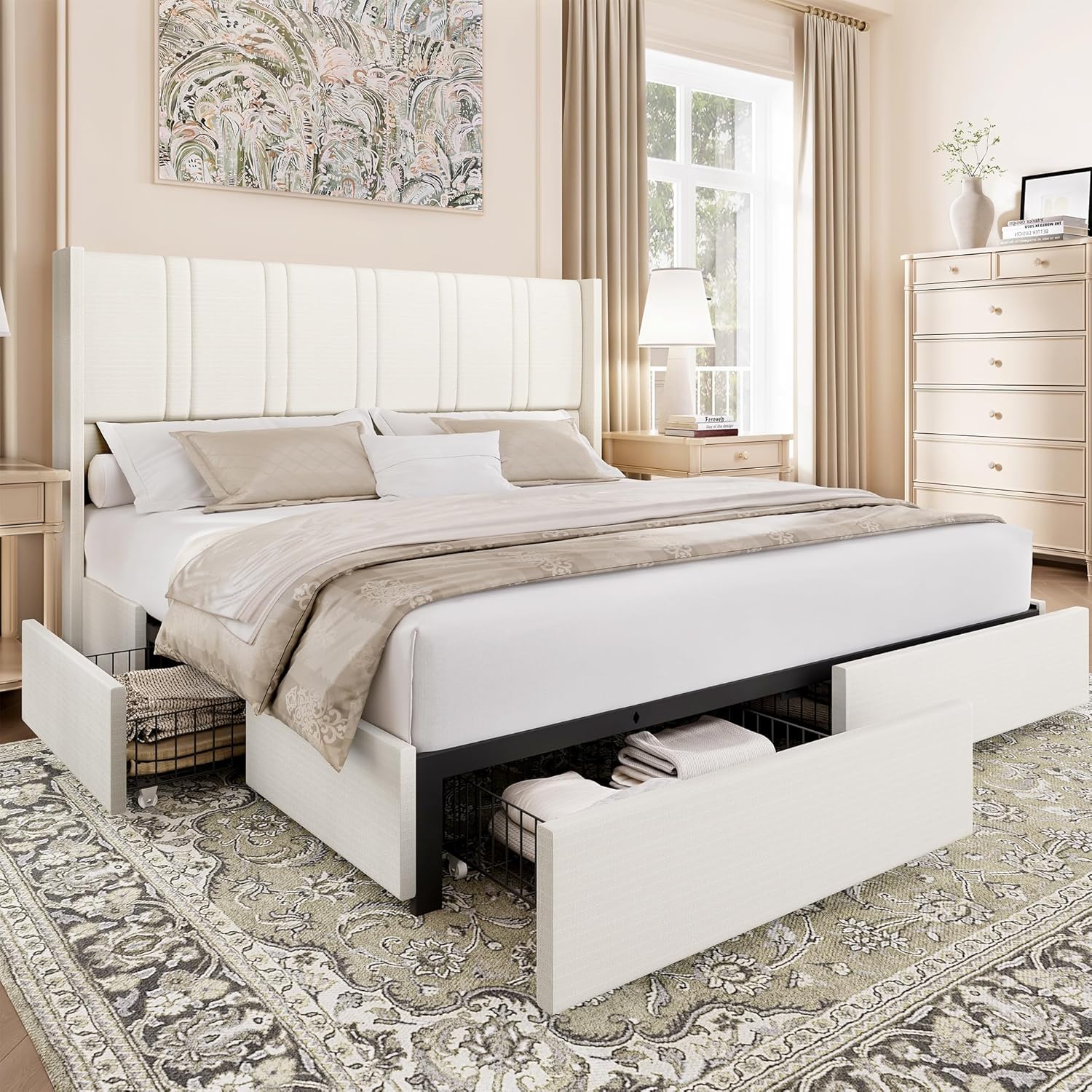 King Size Bed Frame with 4 Storage Drawers Linen Upholstered Platform Bed with Wingback Headboard, No Box Spring Needed, Easy Assembly, White