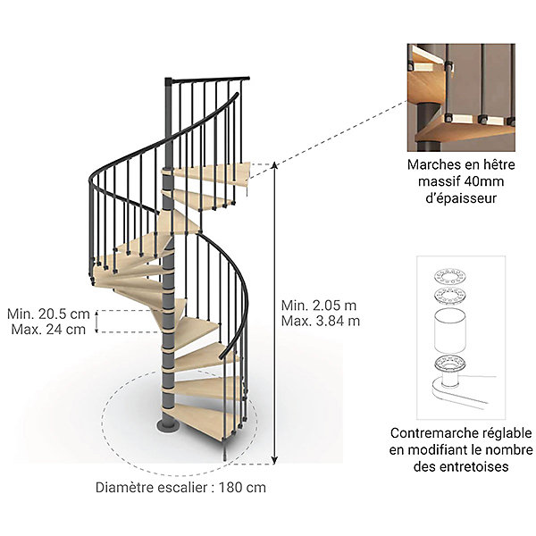 Escalier colimaçon 11 marches - Haut. à franchir 2.26 à 2.64m - Diam. 180cm - Trémie ronde - Struct. anthracite / marches Naturel