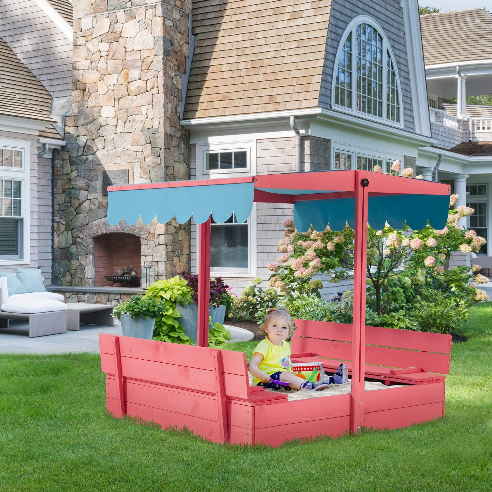 EROMMY Kids Wooden Sandbox with 2 Foldable Bench Seats and Adjustable Canopy Roof