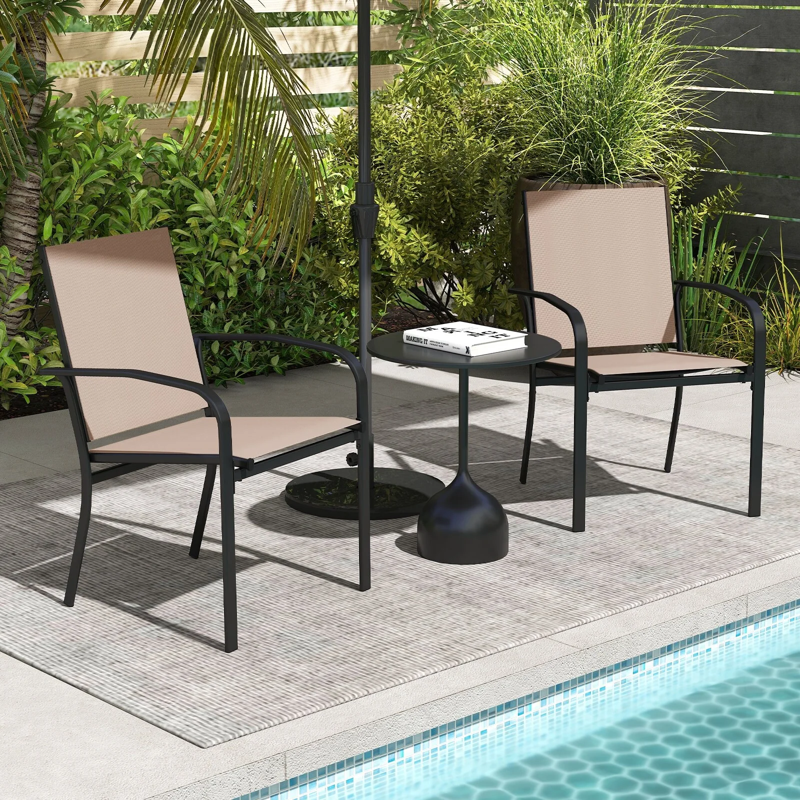 Gymax Outdoor Dining Chairs Set of 2 w/ Breathable Fabric Armrests
