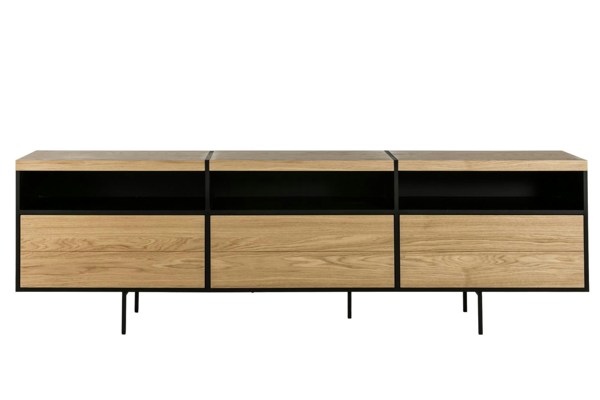 BRIGHTON - Meuble TV bas moderne en bois et métal 3 portes 3 niches L220