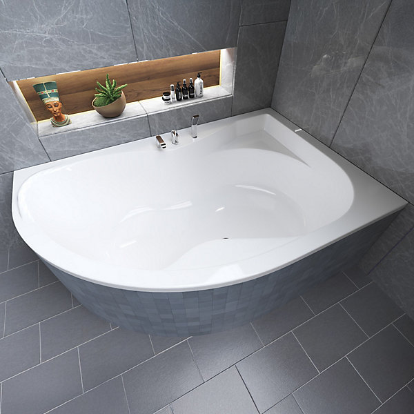 Baignoire asymétrique 170 x 110 Droite DORA acrylique blanc   Habillage en polystyrène   Pieds   Vidage à chromé