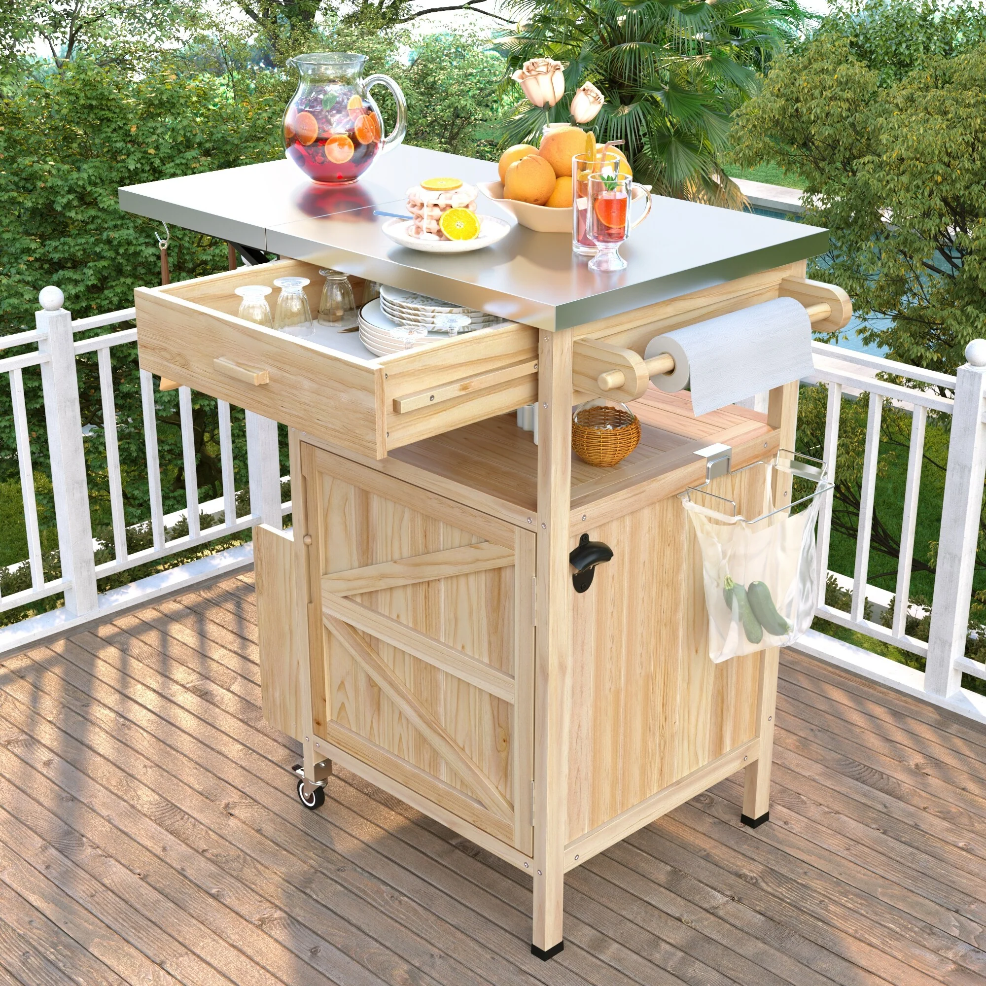 40.5 Outdoor Grill Cart with Stainless Steel Top, Drop Leaf, One Drawer, Towel Rack, Rolling Kitchen Cart with Lockable Wheels