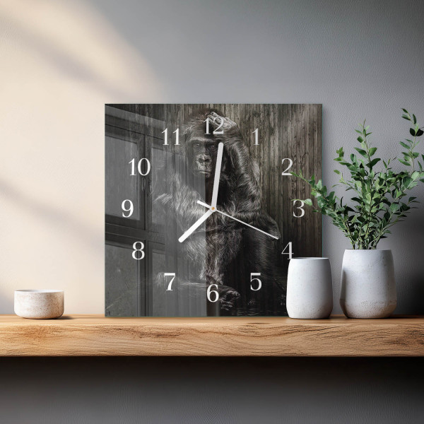 Zegar na szkle 30x30 Goryl nowoczesny na ścianę