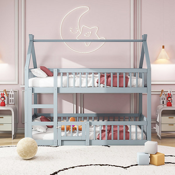 Lit superposé enfant 90x200cm gris en bois massif avec escalier, Lit familial style loft, solide, sûr et pratique pour enfants