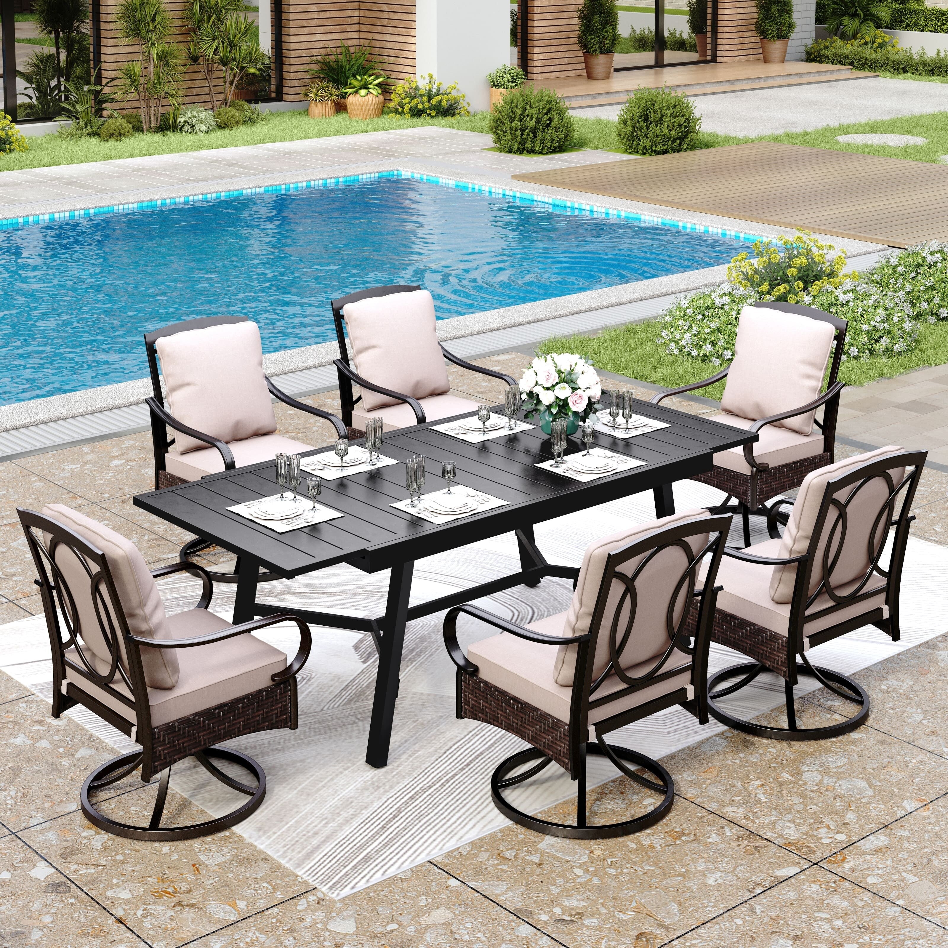 MAISON ARTS 9/7-Piece Patio Dining Set with Rattan Swivel Chairs and a Expandable Dining Table