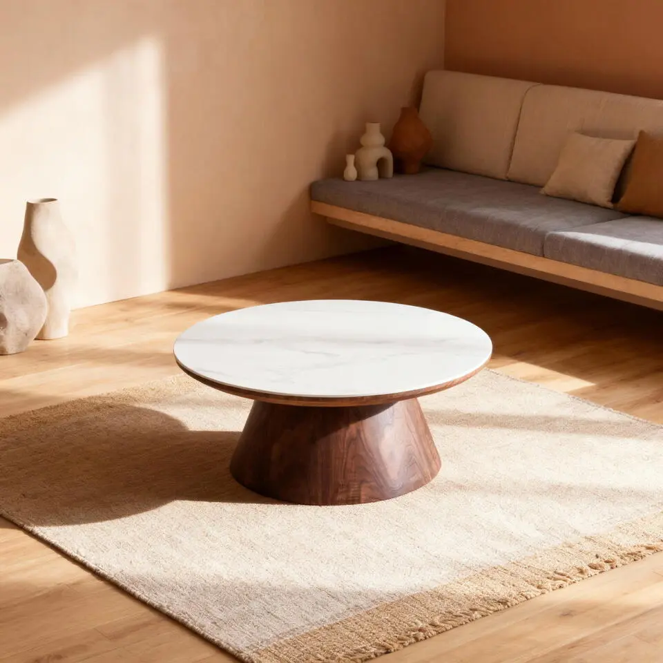 Salontafel Rond - Walnoot Hout/Keramisch - 80x80x35cm - Alba