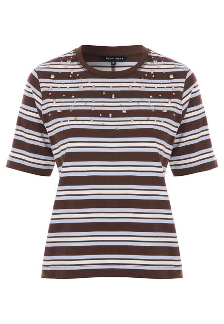 Womens Chocolate Brown Diamante Stripe T-Shirt