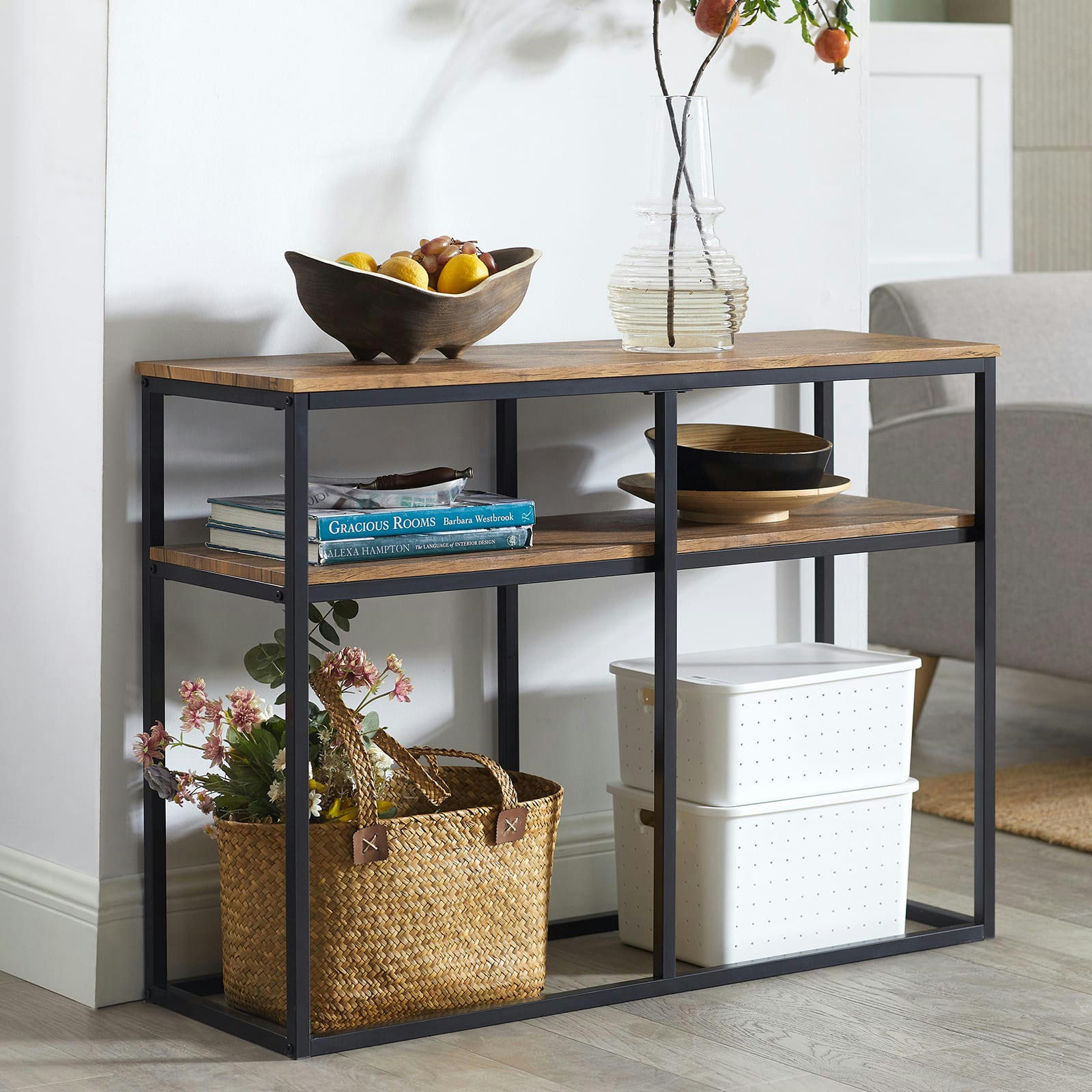 - Table console cadre en métal noir avec 2 étagères