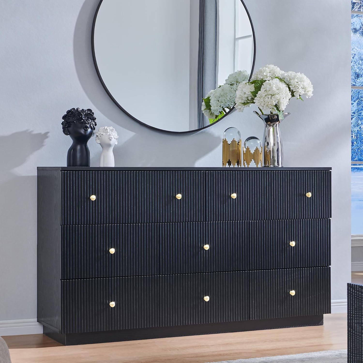 Fluted Dresser for bedroom, 55W Black 8 Drawer Dressers, Wood Tall Dresser Storage Organizer, Modern Bedroom Chest of Drawers with Deep Storage for Closet Hallway, Entryway, Living Room Black