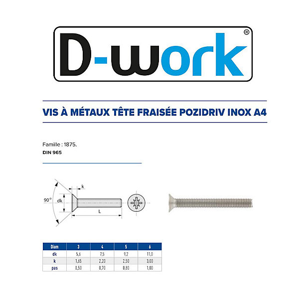200 Vis Métaux Tête Fraisée Pozidriv 4 x 20 mm - DIN 965 - Inox A4 - D-Work