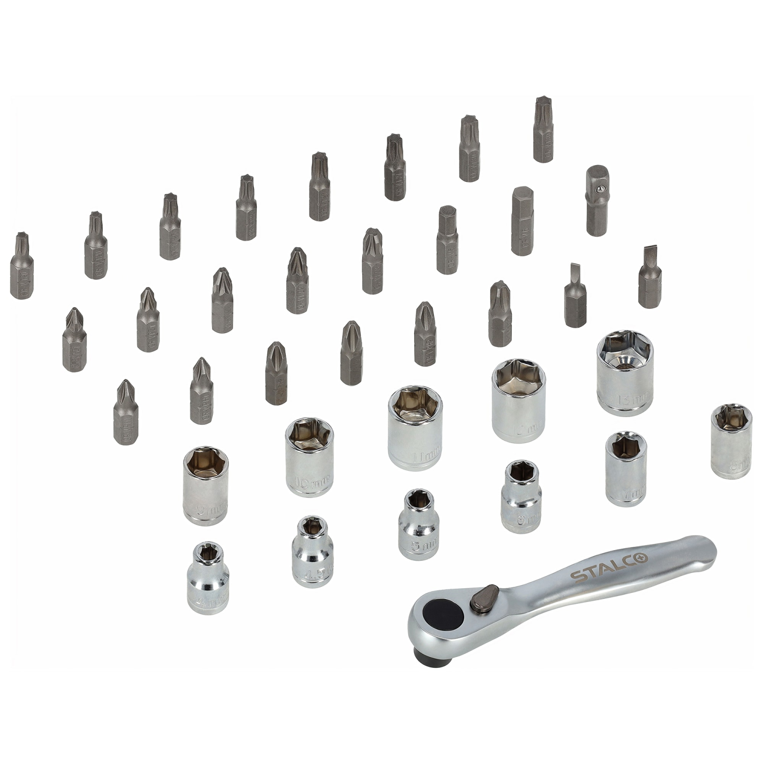 Zestaw bitów ze stali S2, nasadek CrV, grzechotka do bitów/nasadek 36elem. STALCO S060000036 STALCO S060000036