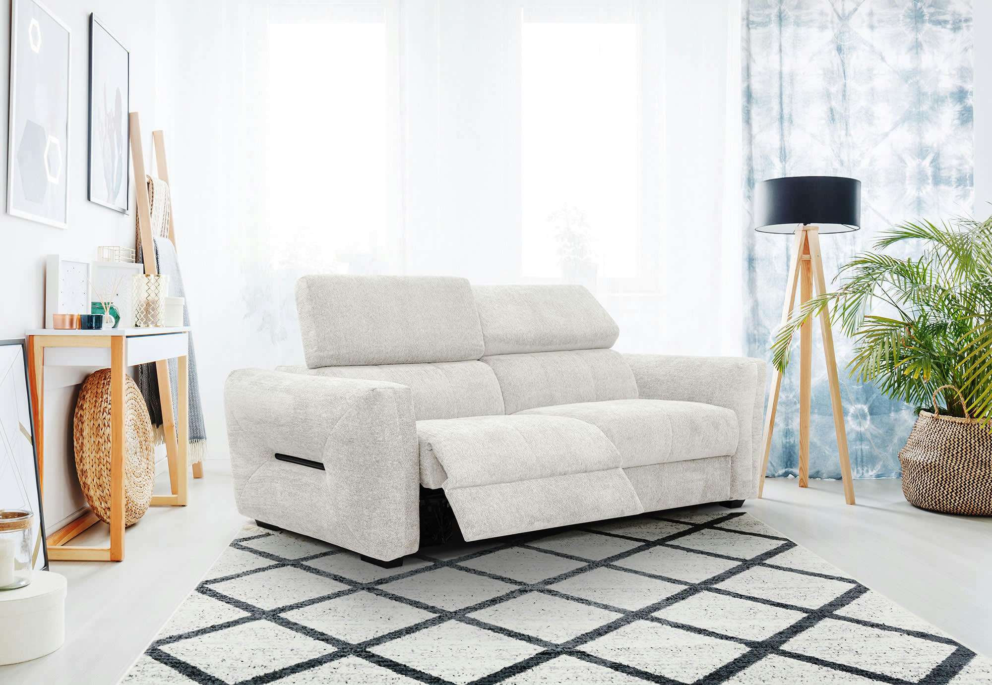 CALVERA - Canapé droit 3 places avec 2 relax électriques tissu écru