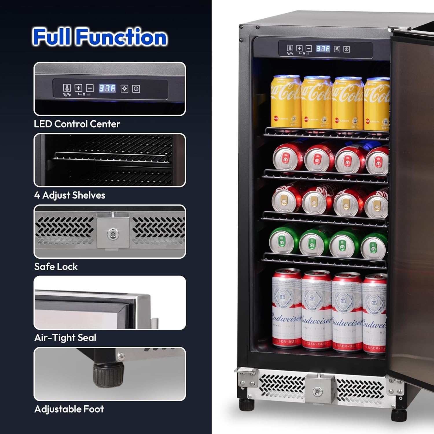 15 Inch Under Counter Beverage Refrigerator, 126 Cans Built-in or Freestanding Drink Fridge with Insulated Door,Ideal for Indoor or Outdoor Bar, Kitchen, Garage