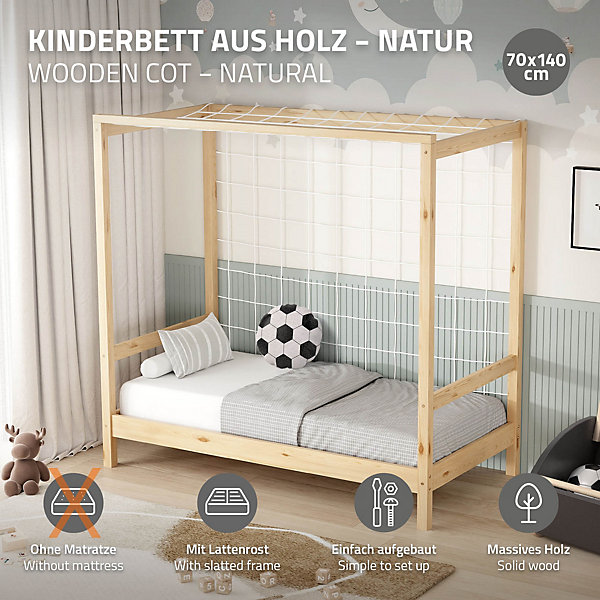 Lit d'enfant ML-Design 70x140 cm naturel beige bois de pin avec but de football et sommier à lattes