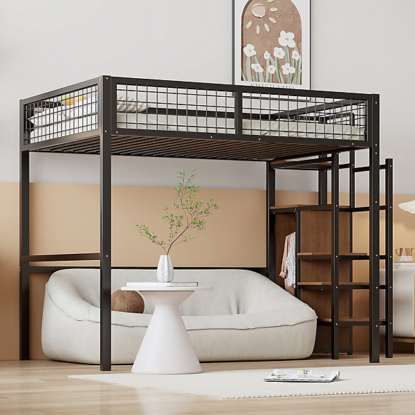 Lit mezzanine 140x200 cm double avec rangement et échelle de sécurité, structure métal et MDF noir, montage inclus, sans matelas