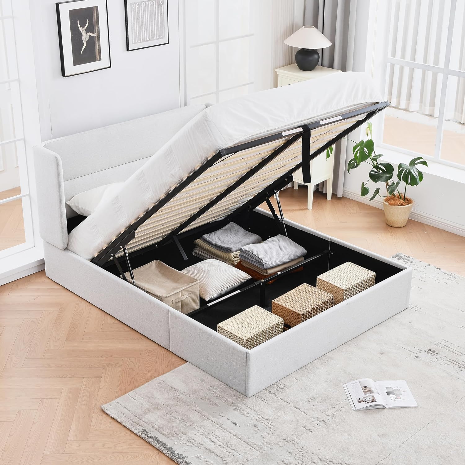 Queen Size Upholstered Platform Bed with Hydraulic, Bed Frame with Storage, Lift Up Storage Bed with Modern Linen Fabric Wingback, Wooden Slat, No Box Spring Needed, Easy Assembly, Off White