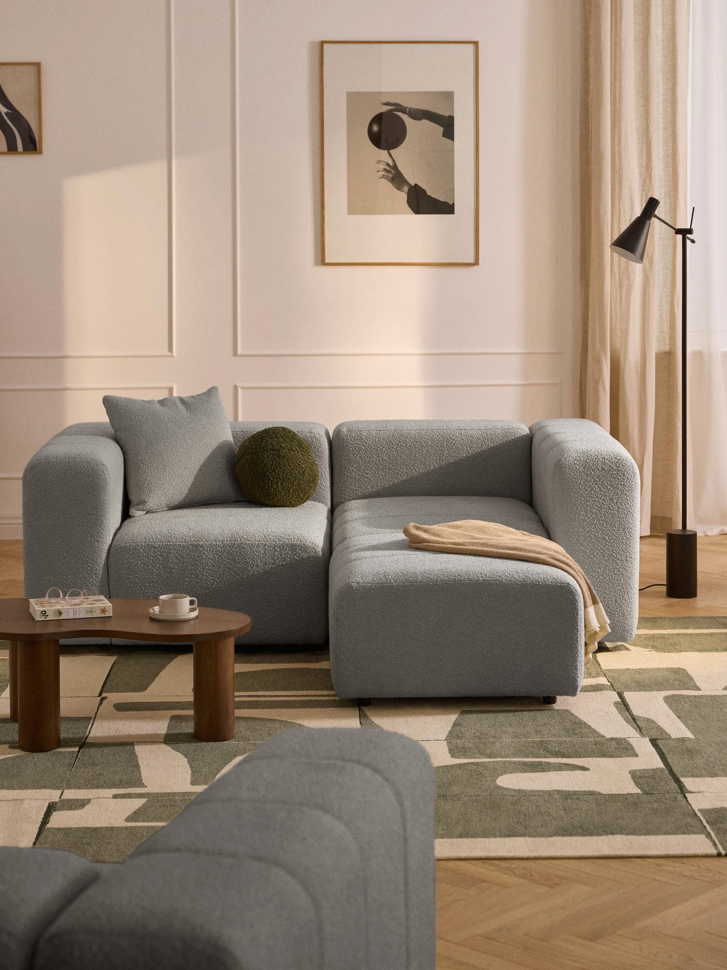 Modulares Bouclé-Sofa Lena (3-Sitzer) mit Hocker (links/rechts)