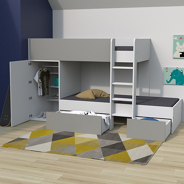 Lit superposé 90x190 avec armoire et tiroirs TWEEL Gris et Blanc incl. 2 sommiers