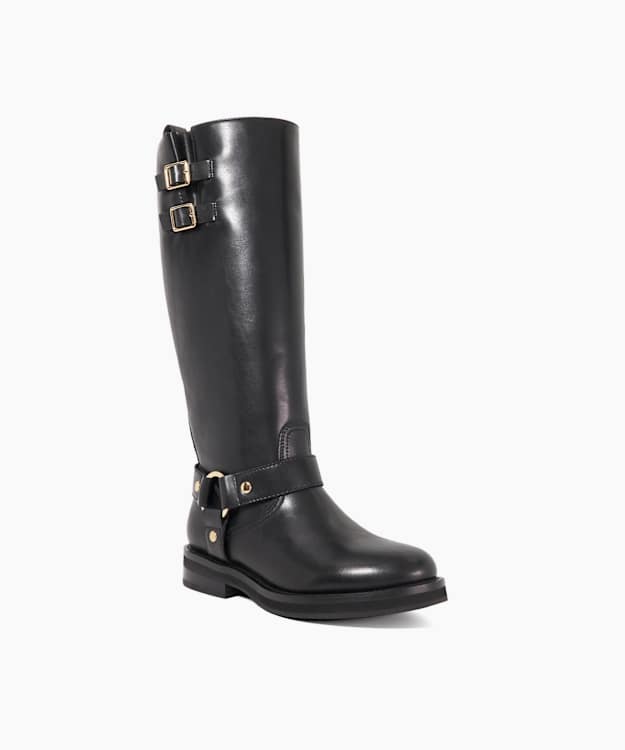 Truely Black - Leather Buckle Detail Knee High Boots