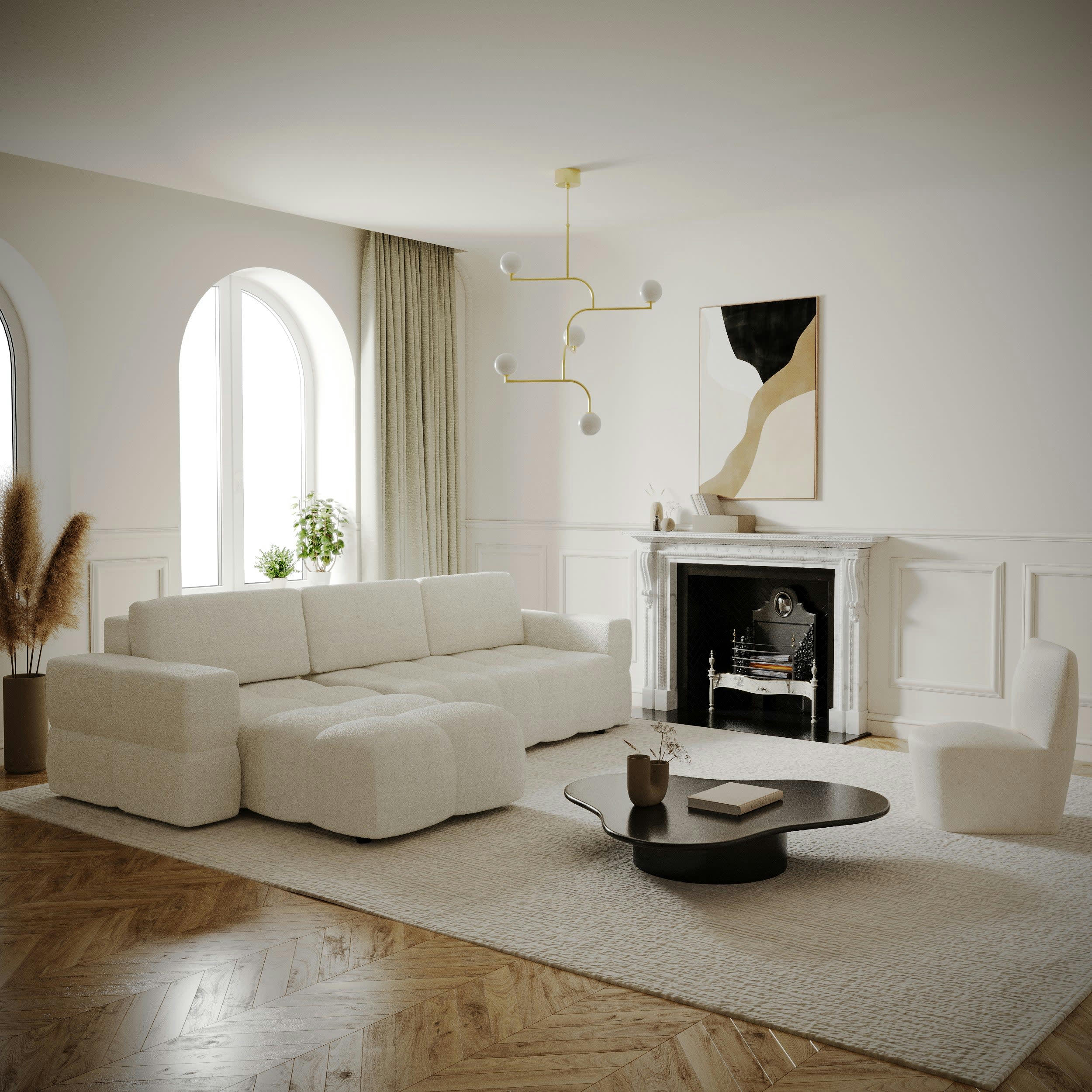 GABRIEL - Canapé d'angle gauche convertible coffre bouclette crème 260x180cm