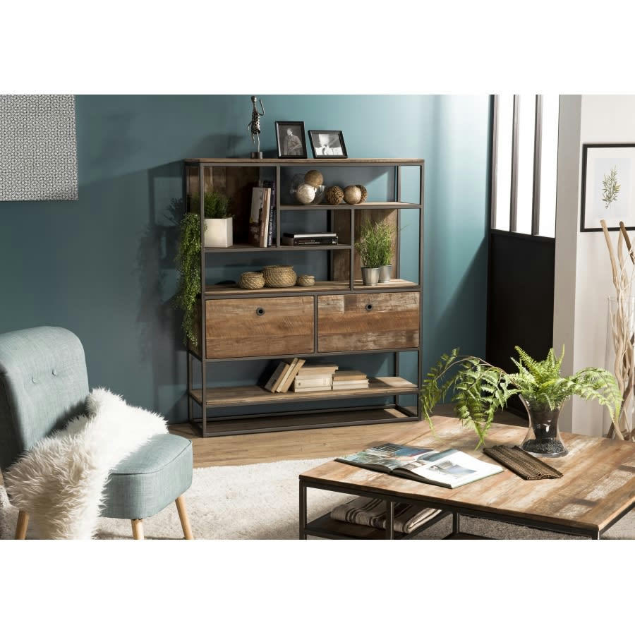 ALIDA - Etagère 2 tiroirs en teck recyclé acacia mahogany métal et métal noir