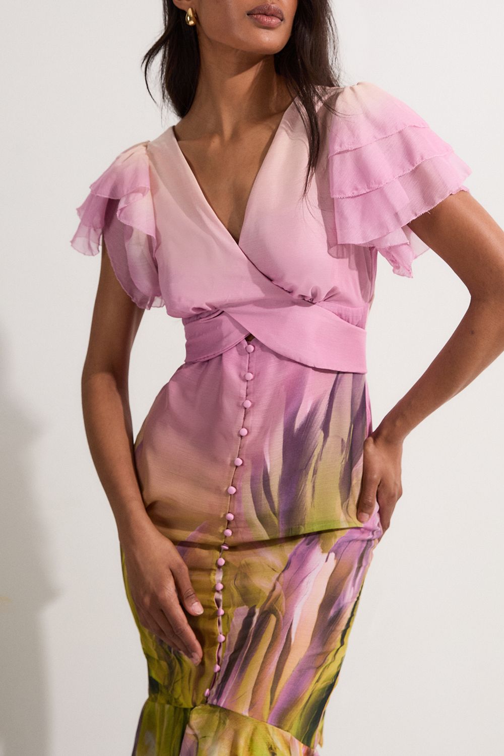 KarenMillen Ombre Floral Ruffle Sleeve Button Through Maxi Dress