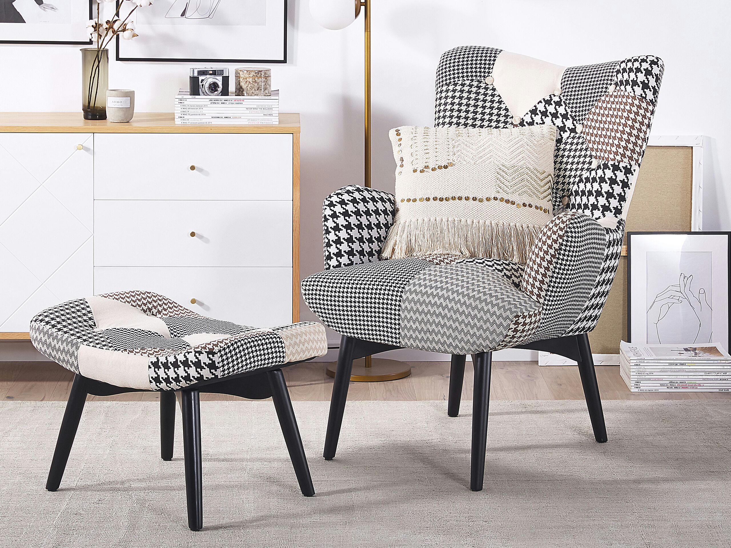 VEJLE - Fauteuil en tissu tapissé noir blanc repose-pieds