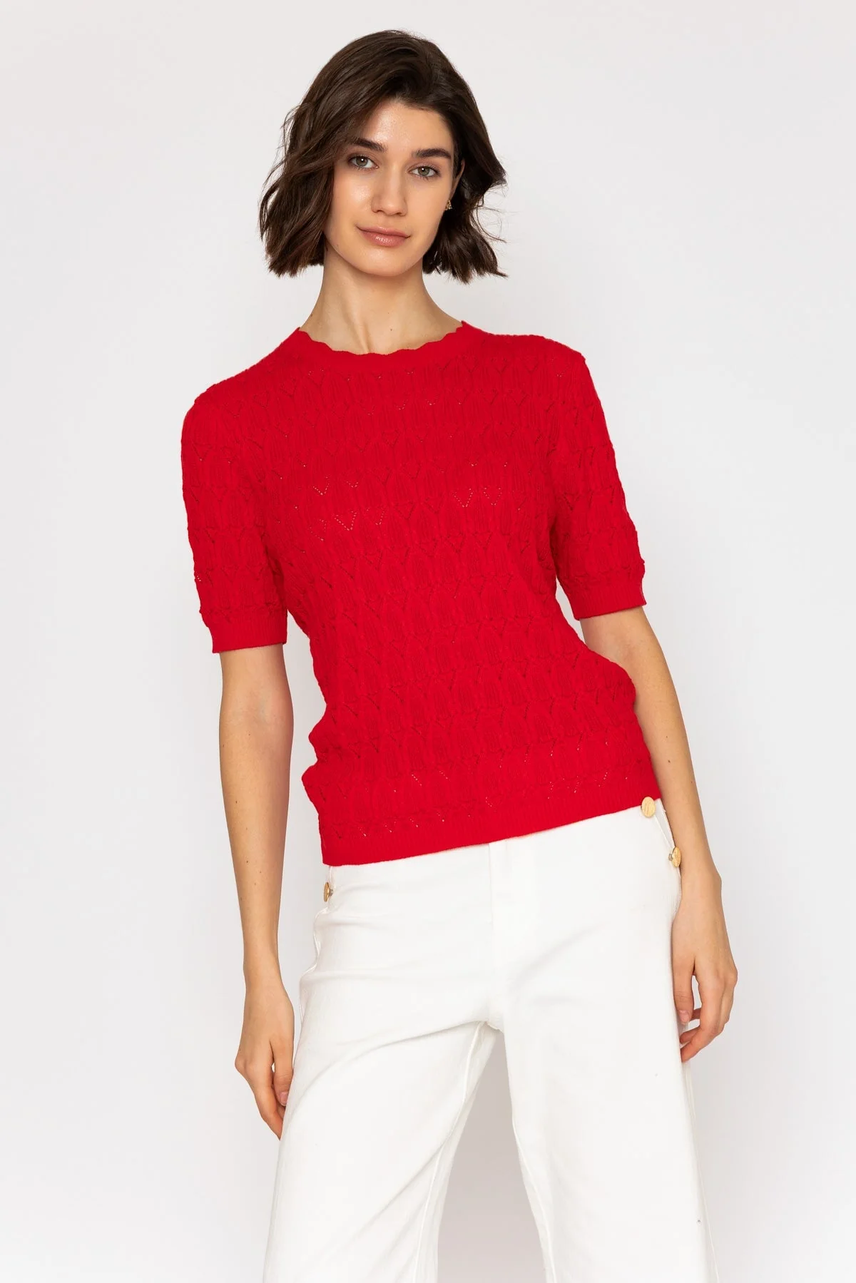 Red Pointelle Knit Short Sleeve Top