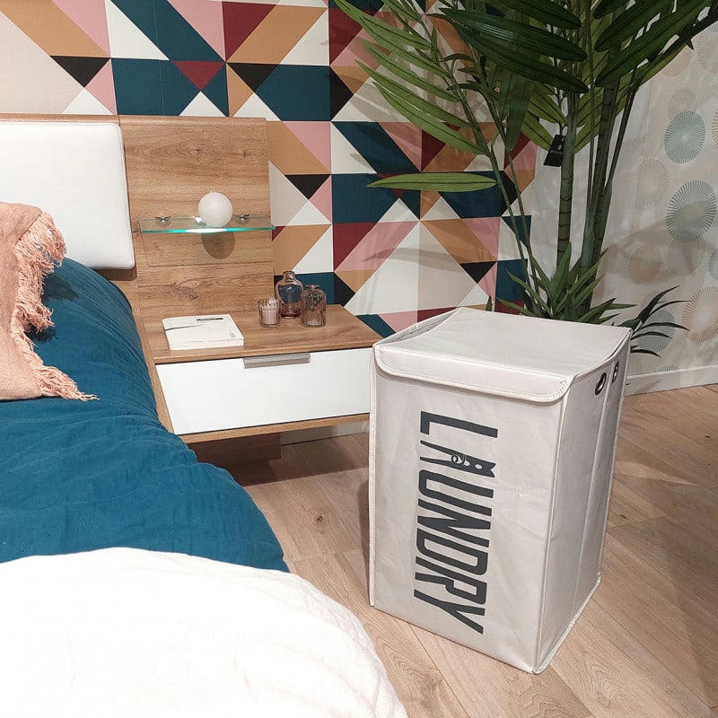 BASKET - Panier à linge pliant carré en tissu blanc cassé avec couvercle