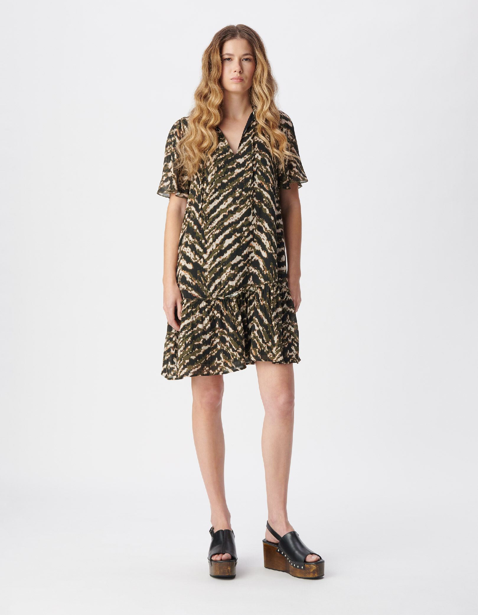 Robe kaki imprimé army manches papillon Femme