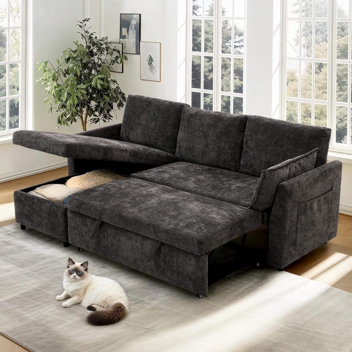 FLEXISPOT XB5 78 Pull Out Couch Bed with Storage Chaise, 2-in-1 Convertible Sofa Bed with USB Charging Ports, 3-Seater Sectional Sofa Couch for Living Room Apartment, Easy to Assemble(Dark Gray)